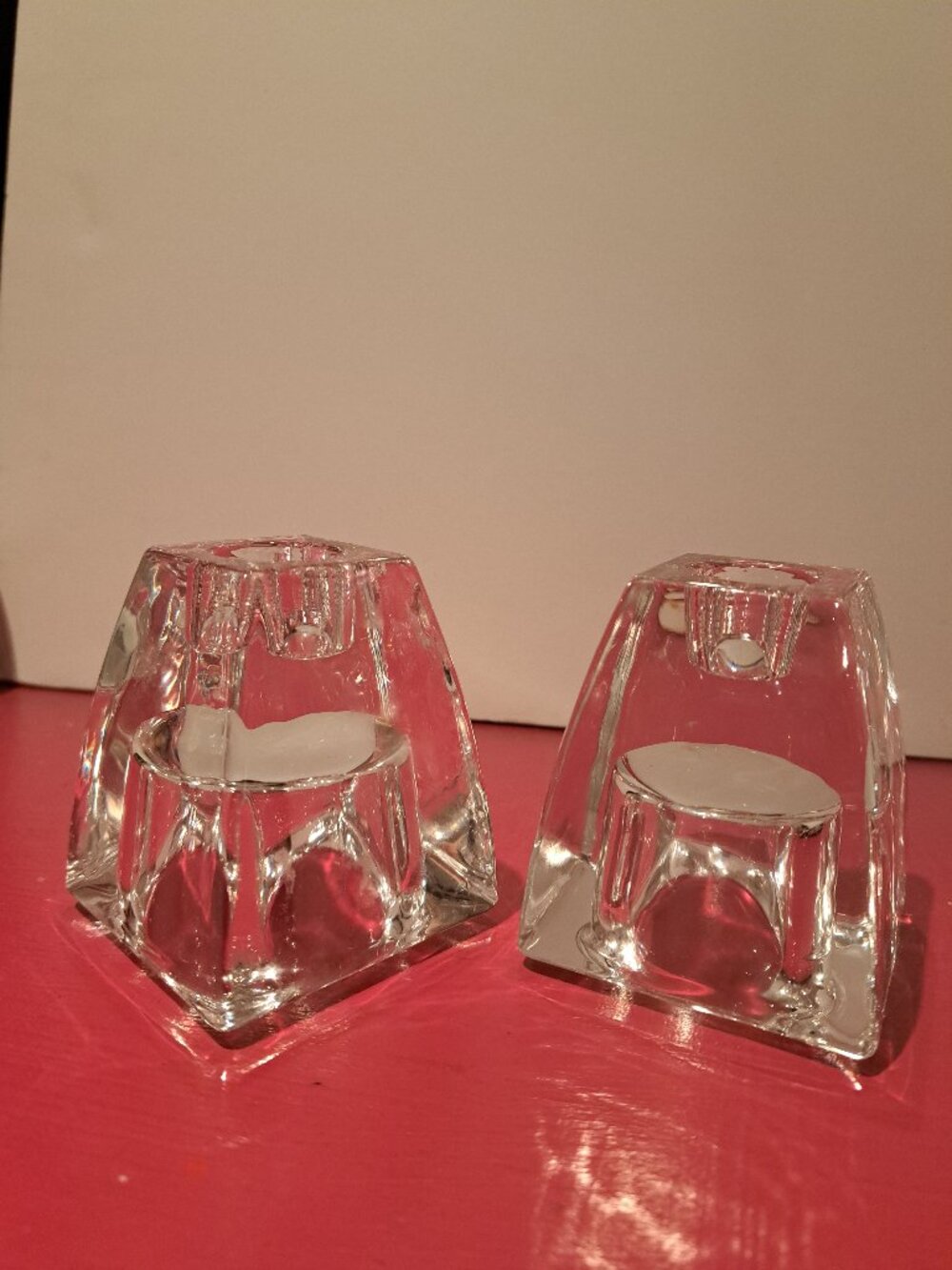 Two Reversible Glass Candle Sticks